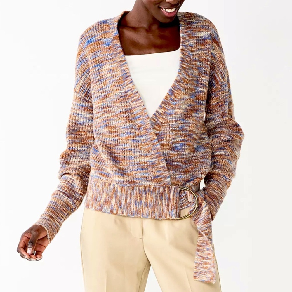 Nine West Oversized Wrap Sweater Small Belted Knit Coastal Boho Chic Eclectic View 3